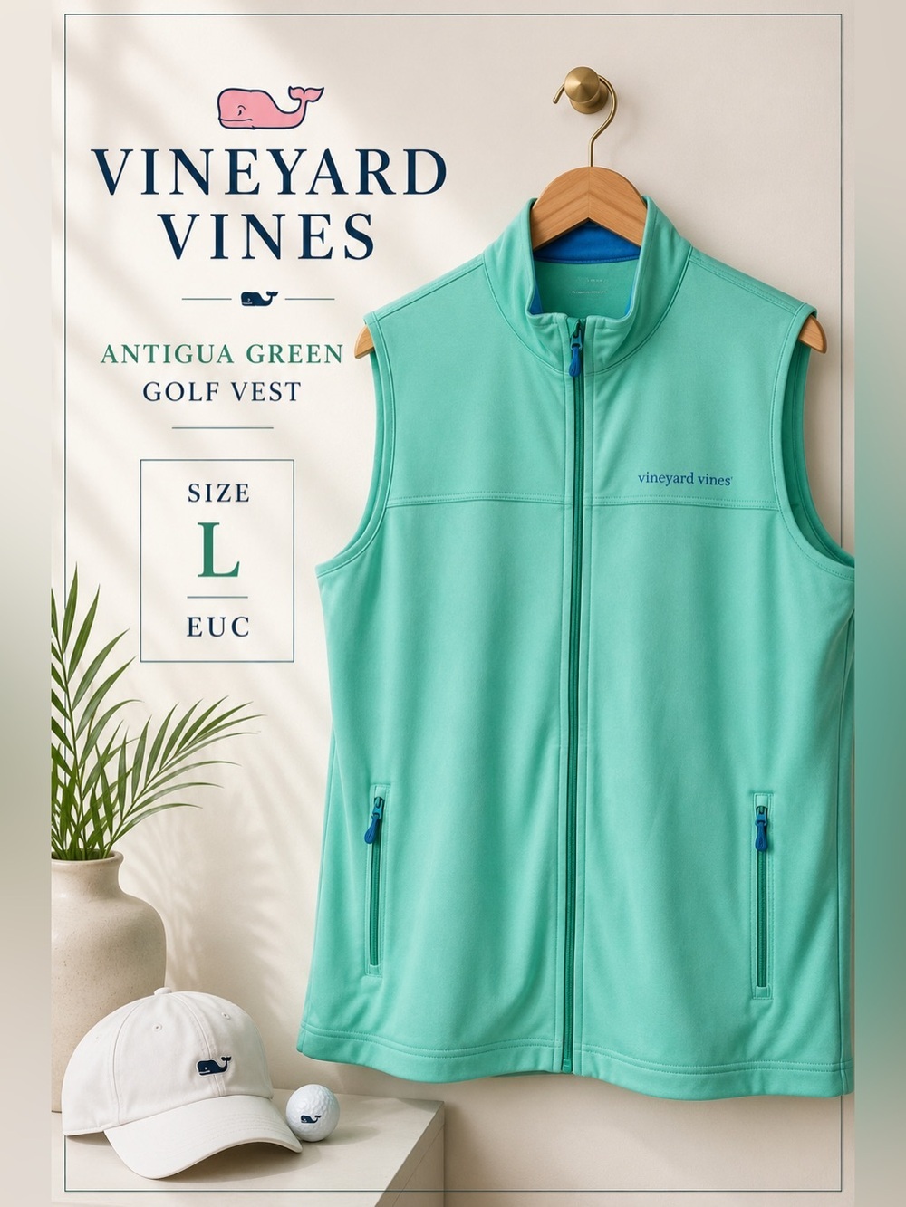 Vineyard Vines Antigua Performance Golf Vest Antigua Green Size Large Full Zip